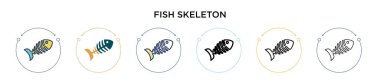 Balık iskeleti simgesi doldurulmuş, ince çizgi, ana hatlar ve vuruş stili. Mobil, ui, web için iki renkli ve siyah balık iskelet vektör simgesinin vektör çizimi kullanılabilir