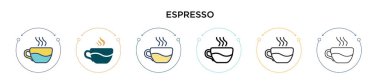 Espresso ikonu doldurulmuş, ince çizgi, özet ve vuruş stili. Mobil, ui, web için iki renkli ve siyah espresso vektör ikonu tasarımı vektör illüstrasyonu kullanılabilir