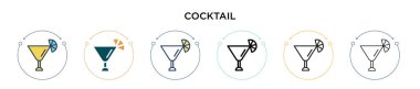 Kokteyl ikonu dolu, ince çizgi, özet ve vuruş stili. Mobil, ui, web için iki renkli ve siyah kokteyl ikonu tasarımı vektör illüstrasyonu kullanılabilir