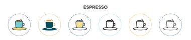 Espresso ikonu doldurulmuş, ince çizgi, özet ve vuruş stili. Mobil, ui, web için iki renkli ve siyah espresso vektör ikonu tasarımı vektör illüstrasyonu kullanılabilir