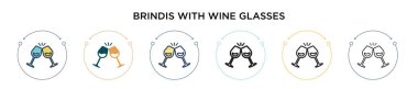 Şarap kadehleri ikonlu brindis, ince çizgi, taslak ve vuruş stili. Şarap kadehi tasarımı olan iki renkli ve siyah brindinin vektör illüstrasyonu mobil için kullanılabilir, ui, 