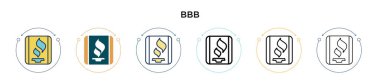 Bbb simgesi dolu, ince çizgi, özet ve vuruş stili. Mobil, ui, web için iki renkli ve siyah bbb vektör simgesinin vektör çizimi kullanılabilir