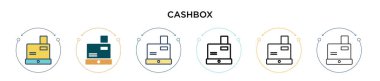 Cashbox simgesi doldurulmuş, ince çizgi, özet ve vuruş stili. Mobil, ui, web için iki renkli ve siyah para kutusu vektör ikonu tasarımının vektör illüstrasyonu kullanılabilir