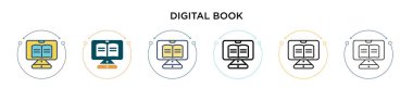 Dijital kitap ikonu doldurulmuş, ince çizgi, özet ve vuruş stili. Mobil, ui, web için iki renkli ve siyah dijital kitap vektör ikonu tasarımının vektör illüstrasyonu kullanılabilir