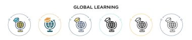 Küresel öğrenme simgesi dolu, ince çizgi, özet ve vuruş stili. Mobil, ui, web için iki renkli ve siyah küresel öğrenme vektör ikonu tasarımının vektör illüstrasyonu kullanılabilir