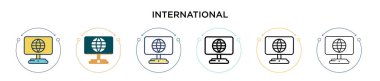 Uluslararası ikon dolu, ince çizgi, özet ve vuruş stili. İki renkli ve siyah uluslararası vektör simgesinin vektör illüstrasyonu mobil, ui, web için kullanılabilir