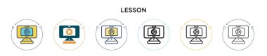 Ders ikonu dolu, ince çizgi, özet ve vuruş stili. Mobil, ui, web için iki renkli ve siyah ders vektör ikonu tasarımının vektör illüstrasyonu kullanılabilir