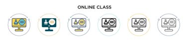 Çevrimiçi sınıf simgesi doldurulmuş, ince çizgi, özet ve vuruş stili. İki renkli ve siyah çevrimiçi sınıf vektör ikonu tasarımı mobil, ui, web için kullanılabilir