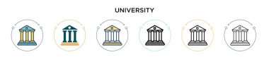 Üniversite ikonu dolu, ince çizgi, özet ve vuruş stili. Mobil, ui, web için iki renkli ve siyah üniversite vektör ikonu tasarımı vektör illüstrasyonu kullanılabilir