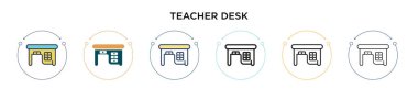 Öğretmen masası simgesi doldurulmuş, ince çizgi, özet ve vuruş stili. Mobil, ui, web için iki renkli ve siyah öğretmen masa vektör ikonu tasarımı vektör illüstrasyonu kullanılabilir