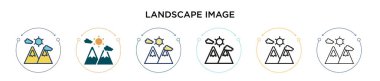 Peyzaj resmi simgesi doldurulmuş, ince çizgi, özet ve vuruş stili. Mobil, ui, web için iki renkli ve siyah manzara görüntü vektör simgesi tasarımı vektör illüstrasyonu kullanılabilir