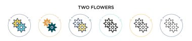 İki çiçek ikonu doldurulmuş, ince çizgi, özet ve vuruş stili. Mobil, ui, web için iki renkli ve siyah çiçek vektör ikonu tasarımı vektör illüstrasyonu kullanılabilir