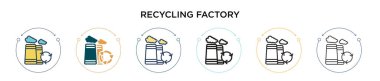 Geri dönüşüm fabrikası ikonu. İnce çizgi, ana hatlar ve vuruş stili. Mobil, ui, web için iki renkli ve siyah geri dönüşüm fabrikası vektör ikonu tasarımı vektör illüstrasyonu kullanılabilir