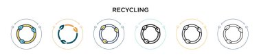 Sembol simgesi geri dönüşüm simgesi, ince çizgi, ana hatlar ve çizgi şeklinde. Mobil, ui, web için iki renkli ve siyah geri dönüşüm sembolü vektör simgesi tasarımının vektör illüstrasyonu kullanılabilir