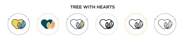 Kalpleri doldurulmuş ağaç, ince çizgi, dış hatlar ve vuruş stili. Kalp vektör simgelerine sahip iki renkli ve siyah ağacın vektör illüstrasyonu mobil, ui, web için kullanılabilir