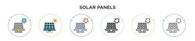 Güneş panelleri simgesi doldurulmuş, ince çizgi, ana hatlar ve vuruş stili. Mobil, ui, web için iki renkli ve siyah güneş paneli vektör simgesi tasarımı vektör illüstrasyonu kullanılabilir