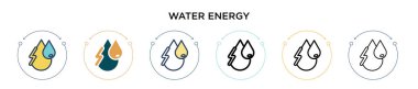 Su enerjisi ikonu, ince çizgi, özet ve vuruş stili. Mobil, ui, web için iki renkli ve siyah su vektör ikonu tasarımının vektör illüstrasyonu kullanılabilir