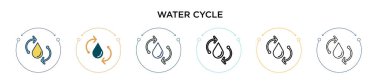 Su döngüsü simgesi doldurulmuş, ince çizgi, ana hatlar ve vuruş stili. Mobil, ui, web için iki renkli ve siyah su çevrimi vektör ikonu tasarımının vektör illüstrasyonu kullanılabilir