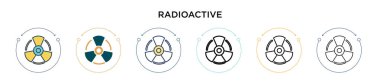 Radyoaktif ikon dolu, ince çizgi, özet ve vuruş stili. Mobil, ui, web için iki renkli ve siyah radyoaktif vektör simgesinin vektör çizimi kullanılabilir