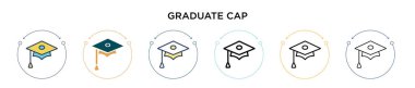 Mezuniyet ikonu doldurulmuş, ince çizgi, özet ve vuruş stili. Mobil, ui, web için iki renkli ve siyah kapsül vektör ikonu tasarımı vektör illüstrasyonu kullanılabilir