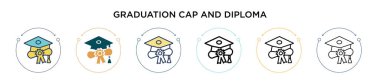 Mezuniyet şapkası ve diploma simgesi dolu, ince çizgi, özet ve vuruş stili. Mobil, ui için iki renkli ve siyah mezuniyet şapkası ve diploma vektör ikonu tasarımı vektör illüstrasyonu kullanılabilir,