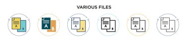 Çeşitli dosya simgeleri doldurulmuş, ince çizgi, özet ve vuruş tarzı. İki renkli ve siyah dosya vektör simgesi tasarımı mobil, ui, web için kullanılabilir
