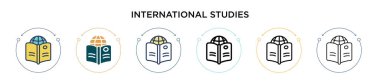 Uluslararası çalışmalar ikonu dolu, ince çizgi, özet ve vuruş tarzında. İki renkli ve siyah uluslararası çalışma vektör ikonu tasarımının vektör illüstrasyonu mobil, ui, web için kullanılabilir