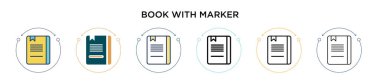 Kalem simgesi dolu, ince çizgi, özet ve vuruş stili bir kitap. İşaretleyici vektör simgelerine sahip iki renkli ve siyah kitabın vektör illüstrasyonu mobil, ui, web için kullanılabilir
