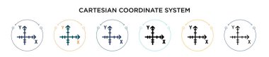 Kartezyen koordinat sistemi simgesi doldurulmuş, ince çizgi, özet ve çizgi şeklinde. İki renkli ve siyah kartezyen koordinat sistemi vektör vektör ikonu tasarımı taşınabilir için kullanılabilir, 