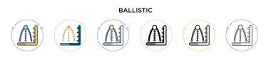 Balistik ikon dolu, ince çizgi, özet ve vuruş stili. Mobil, ui, web için iki renkli ve siyah balistik vektör ikonu tasarımı vektör illüstrasyonu kullanılabilir