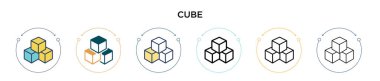Küp simgesi dolu, ince çizgi, özet ve vuruş stili. Mobil, ui, web için iki renkli ve siyah küp vektör ikonu tasarımının vektör illüstrasyonu kullanılabilir