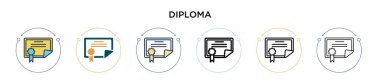 Diploma ikonu, ince çizgi, özet ve vuruş stili. Mobil, ui, web için iki renkli ve siyah diploma vektör ikonu tasarımının vektör illüstrasyonu kullanılabilir