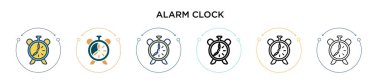 Alarm saat simgesi dolu, ince çizgi, özet ve vuruş stili. Mobil, ui, web için iki renkli ve siyah alarm saat vektör ikonu tasarımı vektör illüstrasyonu kullanılabilir