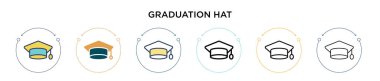 Mezuniyet şapkası ikonu, ince çizgi, özet ve vuruş stili. İki renkli ve siyah mezuniyet şapkası vektör ikonu tasarımı mobil, ui, web için kullanılabilir
