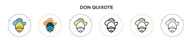 Don quixote simgesi doldurulmuş, ince çizgi, özet ve vuruş stili. Mobil, ui, web için iki renkli ve siyah Don quixote vektör ikonu tasarımı vektör illüstrasyonu kullanılabilir