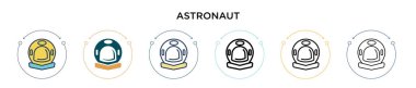Astronot simgesi doldurulmuş, ince çizgi, özet ve vuruş stili. Mobil, ui, web için iki renkli ve siyah astronot vektör ikonu tasarımı vektör illüstrasyonu kullanılabilir