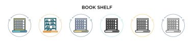 Kitap rafı ikonu dolu, ince çizgi, özet ve vuruş stili. Mobil, ui, web için iki renkli ve siyah raf vektör ikonu tasarımı vektör illüstrasyonu kullanılabilir