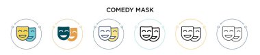 Komedi maskesinin simgesi, ince çizgi, özet ve vuruş stili. Mobil, ui, web için iki renkli ve siyah komedi maskesi vektör ikonu tasarımı vektör illüstrasyonu kullanılabilir