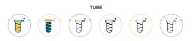 Tüp ikonu doldurulmuş, ince çizgi, ana hatlar ve vuruş stili. Mobil, ui, web için iki renkli ve siyah tüp vektör ikonu tasarımı vektör illüstrasyonu kullanılabilir