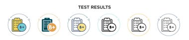 Test sonuçları ikonu doldurulmuş, ince çizgi, özet ve vuruş stili. İki renkli ve siyah test sonuçlarının vektör çizimi vektör simgeleri mobil, ui, web için kullanılabilir