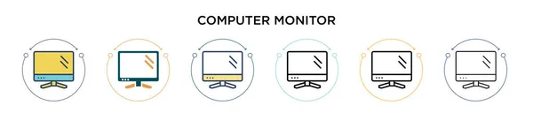 Icono Monitor Computadora Línea Llena Delgada Contorno Estilo Trazo Ilustración — Vector de stock