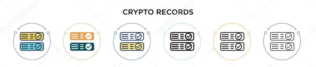 Crypto records icon in filled, thin line, outline and stroke style. Vector illustration of two colored and black crypto records vector icons designs can be used for mobile, ui, web