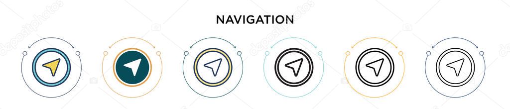 Navigation icon in filled, thin line, outline and stroke style. Vector illustration of two colored and black navigation vector icons designs can be used for mobile, ui, web