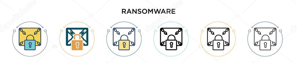 Ransomware icon in filled, thin line, outline and stroke style. Vector illustration of two colored and black ransomware vector icons designs can be used for mobile, ui, web