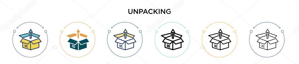 Unpacking icon in filled, thin line, outline and stroke style. Vector illustration of two colored and black unpacking vector icons designs can be used for mobile, ui, web