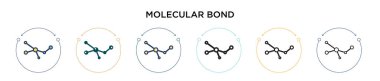 Moleküler bağ simgesi ile doldurulmuş, ince çizgi, ana hatlar ve vuruş stili. Mobil, ui, web için iki renkli ve siyah moleküler bağ vektör ikonu tasarımının vektör illüstrasyonu kullanılabilir