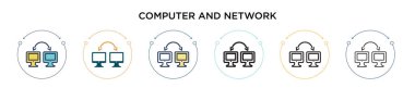 Bilgisayar ve ağ simgesi doldurulmuş, ince çizgi, özet ve vuruş stili. Mobil, ui, web için iki renkli ve siyah bilgisayar ve ağ vektör simgelerinin vektör illüstrasyonu kullanılabilir