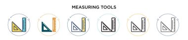 Ölçüm araçları simgesi dolu, ince çizgi, özet ve vuruş tarzında. İki renkli ve siyah ölçüm araçlarının vektör illüstrasyonu vektör simgeleri mobil, ui, web için kullanılabilir