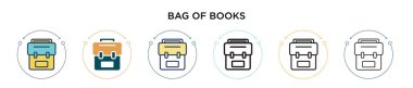 Bir çanta dolusu kitap ikonu, ince çizgi, özet ve vuruş stili. Kitap vektör simgelerinden oluşan iki renkli ve siyah çantanın vektör illüstrasyonu mobil, ui, web için kullanılabilir