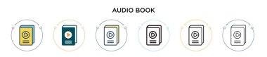 Ses kitabı simgesi doldurulmuş, ince çizgi, özet ve vuruş stili. Mobil, ui, web için iki renkli ve siyah sesli kitap vektör simgesi tasarımı vektör illüstrasyonu kullanılabilir